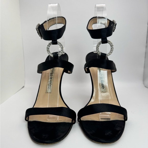 Manolo Blahnik Crystal Buckle & Ring Black Suede Open Toe Sandal Heel - Size 38 - Picture 4 of 12